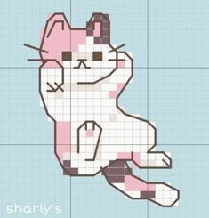 a cross stitch pattern with a cat on it's back, and the background is blue