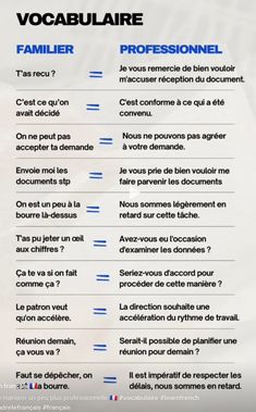 the words are in french and english on a white sheet with blue writing that says vocabulaie famillier professionnel