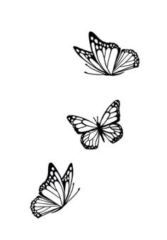 three butterflies flying in the sky with one on its back and one on it's side