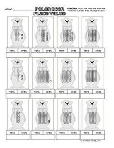 the polar bear place value worksheet is shown in black and white, with four bears