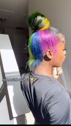 #hairdyeideas #hair #backtoschoolhairstyles #hairstylesforblackwomen Multi Colored Hair Black Women, Rainbow Hair Black Women, Rainbow Peekaboo Hair, Rainbow Locs, Rainbow Dreads, Peekaboo Hair Colors, Exotic Hairstyles, Skunk Stripe, Natural Hair Bun Styles