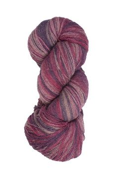 a skein of yarn with purple and red stripes on the top, in a white background