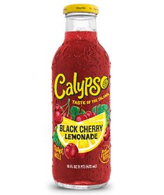 a bottle of calyps black cherry lemonade juice is shown on a white background