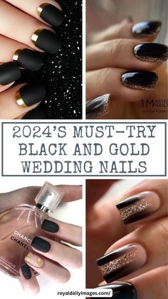 Wedding Nails Black Dress, Wedding Black Nails For Bride, Wedding Guest Nails For Black Dress, Black Tie Nail Designs, Black And Gold Short Nails Ideas, Black Nail Gold Tip, Wedding Nails For Black Dress, Bridesmaid Nails Black Dress, Black And Gold Nail Ideas Acrylic