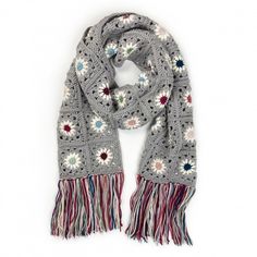 a gray scarf with multicolored flowers on it