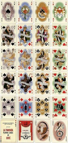 several different types of playing cards with some designs on them, all in different colors and shapes