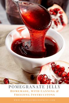 a spoon pouring pomegranate into a small white bowl on top of a table