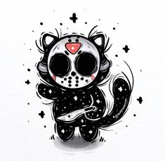 a black and white drawing of a cat with stars on it's chest, holding a knife