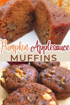 pumpkin appleauce muffins are cut in half and stacked on top of each other