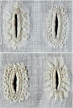 three different pictures of the same piece of cloth with holes in each side and an oval hole