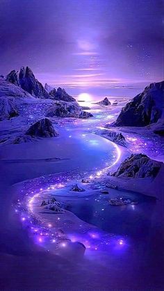 the night sky is lit up with stars and lights in purple hues as if it were floating on water