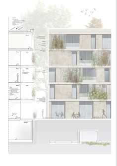 an architectural drawing of a building with several balconies and plants growing on it