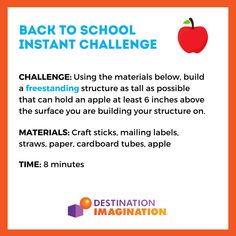 the back to school instant challenge for kids with an apple on it and text that reads,