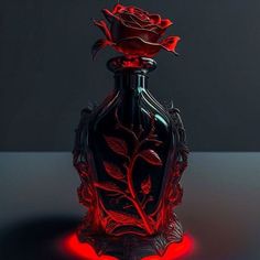 a glass vase with a red rose in it on a black surface, lit up by a red light