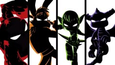 an image of some cartoon characters in the same color and black and white background with different colors