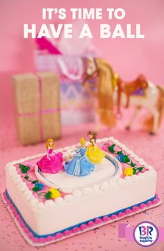 there is a birthday cake with princess figurines on it and the words, it's time to have a ball