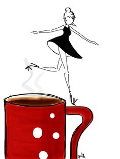 a drawing of a woman dancing next to a cup of coffee