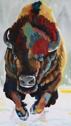 a painting of a bison running in the snow