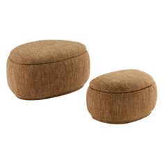 two brown ottomans sitting next to each other