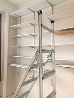 a ladder is in the middle of a room with shelving and shelves on both sides