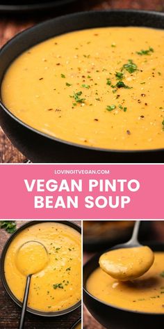 vegan pinto bean soup in a black bowl with spoons and garnishes