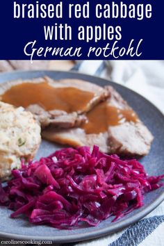 a plate with meat, gravy and red cabbage on it