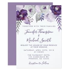 the purple and white floral wedding card is shown on top of an envelope, which reads together with their families