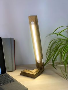 a laptop computer sitting on top of a desk next to a wooden lamp and plant