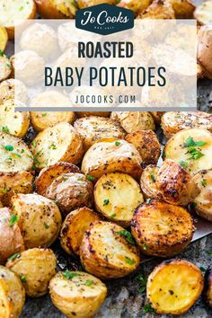 roasted baby potatoes with parsley on top and the title overlay reads roasted baby potatoes