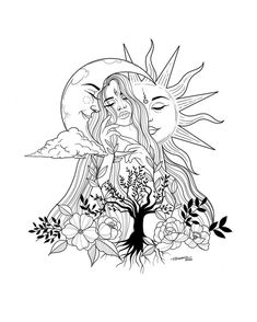 a drawing of a woman with her eyes closed and sun above her head, surrounded by flowers