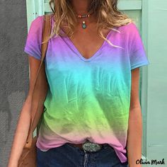 Olivia Mark - Stylish and Casual Asymmetric Collar Short Sleeve Shirt for Leisure Multicolor V-neck Shirt For Summer, Multicolor V-neck Summer Shirt, Multicolor Relaxed Fit V-neck Top, Multicolor V-neck Top With Relaxed Fit, Spring Purple V-neck Shirt, Trendy V-neck Shirt For Vacation, Casual Purple V-neck Top, Purple V-neck Summer Shirt, Multicolor T-shirt For Spring Day Out