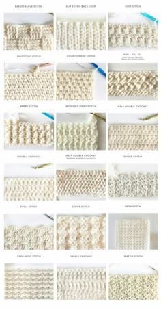 the crochet pattern is shown in many different colors and sizes, including white