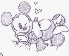 a drawing of a mickey mouse with hearts