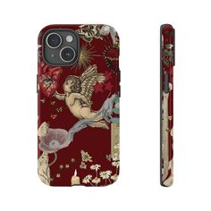 a red phone case with an angel and flowers design on it, next to the back cover