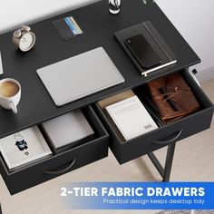 two - tier fabric drawers are open on a desk with various items in the drawer