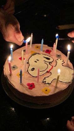 someone lighting candles on a birthday cake with a dog design