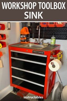 a workbench with tools in it and the words workshop toolbox sink above it