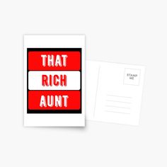 a red and black sign that says, that rich aunt postcards are available for purchase