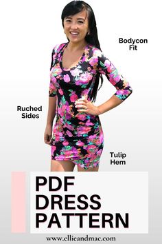 a woman in a floral dress with her hands on her hips and the words pdf dress pattern below it