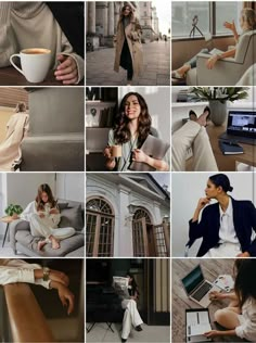 a collage of photos with people sitting around and working on laptops, coffee cups, and other things