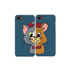 two cell phones with cartoon characters on them, one has a mouse and the other has a