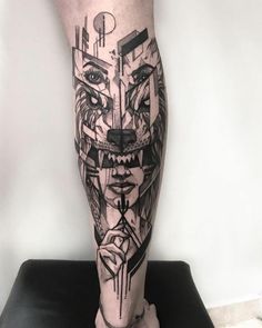 a man's leg with an artistic tattoo on it and his face in the shape of a wolf