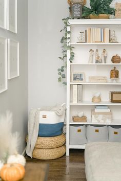 a living room filled with furniture and bookshelves next to a wall mounted plant