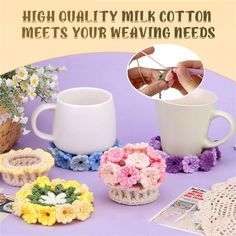 crochet coffee cups and coasters on a table with text that reads, high quality milk cotton meets your weaving needs