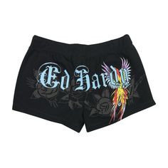 Elevate Your Wardrobe With These Rare Ed Hardy Butterfly Eagle Bird Shorts For Women. The Black Sweat Shorts Feature A Unique Butterfly Theme, Perfect For Those Who Love To Stand Out. The Size Xs Is Designed For Regular Fit And Is Suitable For Women Of All Ages. The Brand Eagle Is Known For Its Quality Products, Making These Shorts A Must-Have For Any Fashion Enthusiast. The Shorts Are Categorized Under Clothing, Shoes, And Accessories, Specifically Under Women's Clothing And Shorts. Add These S Edgy Summer Bottoms With Letter Print, Ed Hardy Shorts Outfit, Fitted Letter Print Shorts For Streetwear, Black Stretch Shorts With Graphic Print, Ed Hardy Shorts, Ed Hardy Clothing, Ed Hardy Sweatpants, Rare Butterfly, Black Sweat Shorts