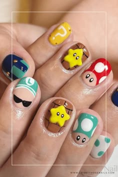 3D Super Mario Nails Game Nail Designs, Mario Nail Art Designs, Gaming Nails Art, Mario Cart Nails, Mario Brothers Nails, Mario Inspired Nails, Cute Character Nail Art, Super Mario Bros Nails, Super Short Nail Ideas