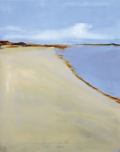 an oil painting of a beach and water