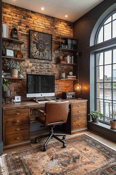 a home office with a brick wall and large window overlooking the cityscape is pictured in this image