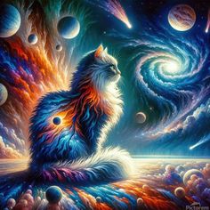 a painting of a cat sitting in the middle of space surrounded by planets and stars