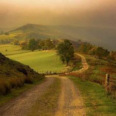 a dirt road in the middle of a lush green field with hills and trees on either side